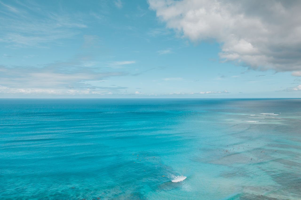 a breathtaking aerial view of calm turquoise ocean with clear skies pe