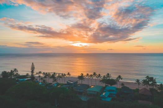 A stunning aerial view of a tropical beachfront with palm trees at sunset, offering vibrant colors and serene atmosphere.