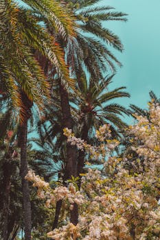 明亮的天空下，充满活力的热带场景中，郁郁葱葱的棕榈树与盛开的花朵相映成趣