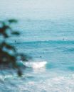 一群冲浪者正在蓝色的海浪中乘风破浪，非常适合海滩和旅行主题