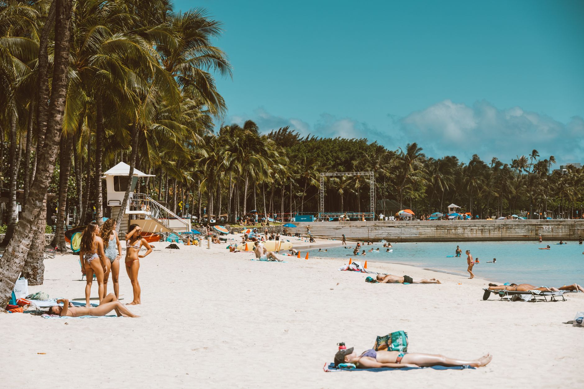 Relaxing beach scene with sunbathers and palm trees under a bright blue sky, ideal vacation setting.