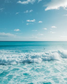 Vibrant ocean scene with crashing waves under a clear blue sky, perfect for travel and nature inspiration.