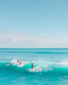 Surfers riding vibrant ocean waves under a clear tropical sky, capturing the thrill and leisure of water sports.