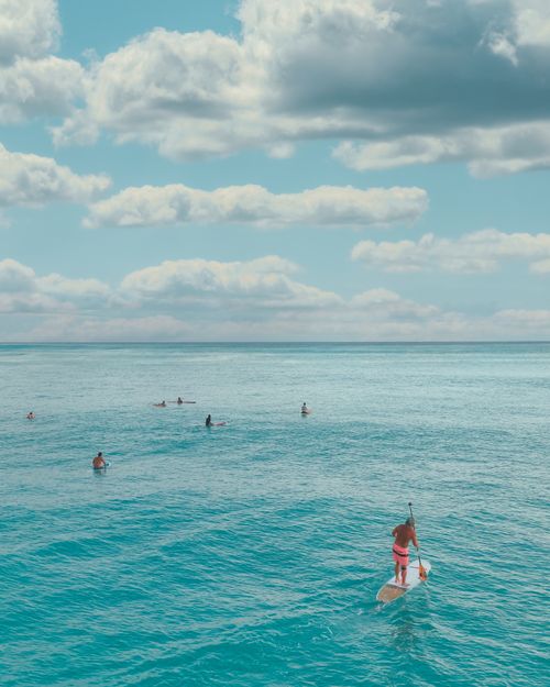 Free Paddle boarders enjoying a peaceful day on the ocean under a bright blue sky with fluffy clouds. Stock Photo
