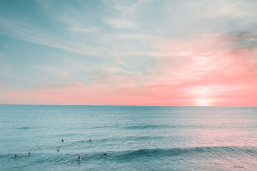 Free People on Sea Under Blue and Pink Sky Stock Photo