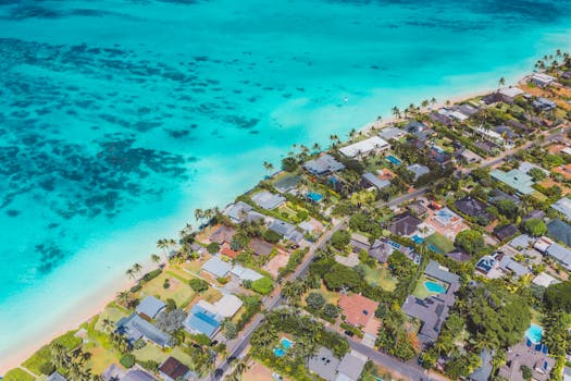 A stunning aerial view of a tropical residential area by the ocean with palm trees and clear water.