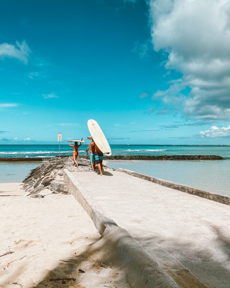 People Carrying Paddle Boats On Beach Shore