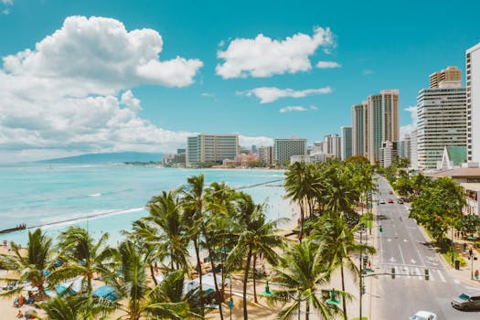 Stunning aerial view of Waikiki Beach, tropical palm trees, and Honolulu skyline under a clear blue sky.