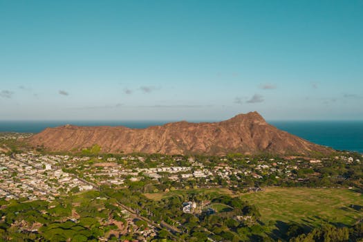 Stunning aerial view of Diamond Head Crater and surrounding landscape in Honolulu, Hawaii.