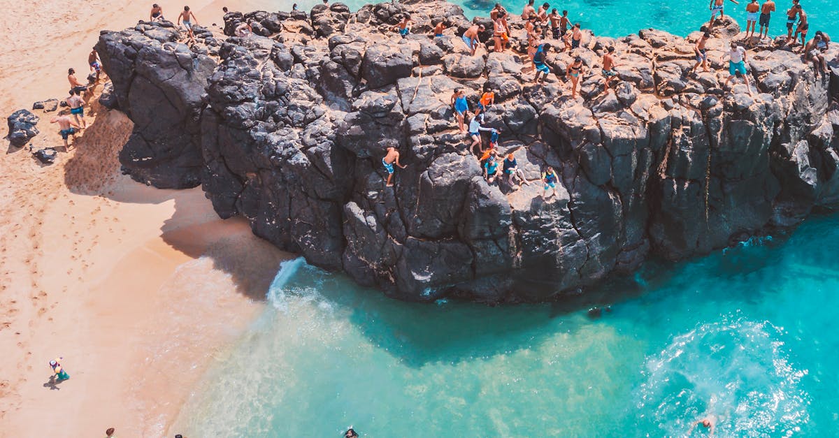 Photo by Jess Loiterton A vibrant aerial shot of Waimea Bay, featuring a rocky beach with swimmers in turquoise water.