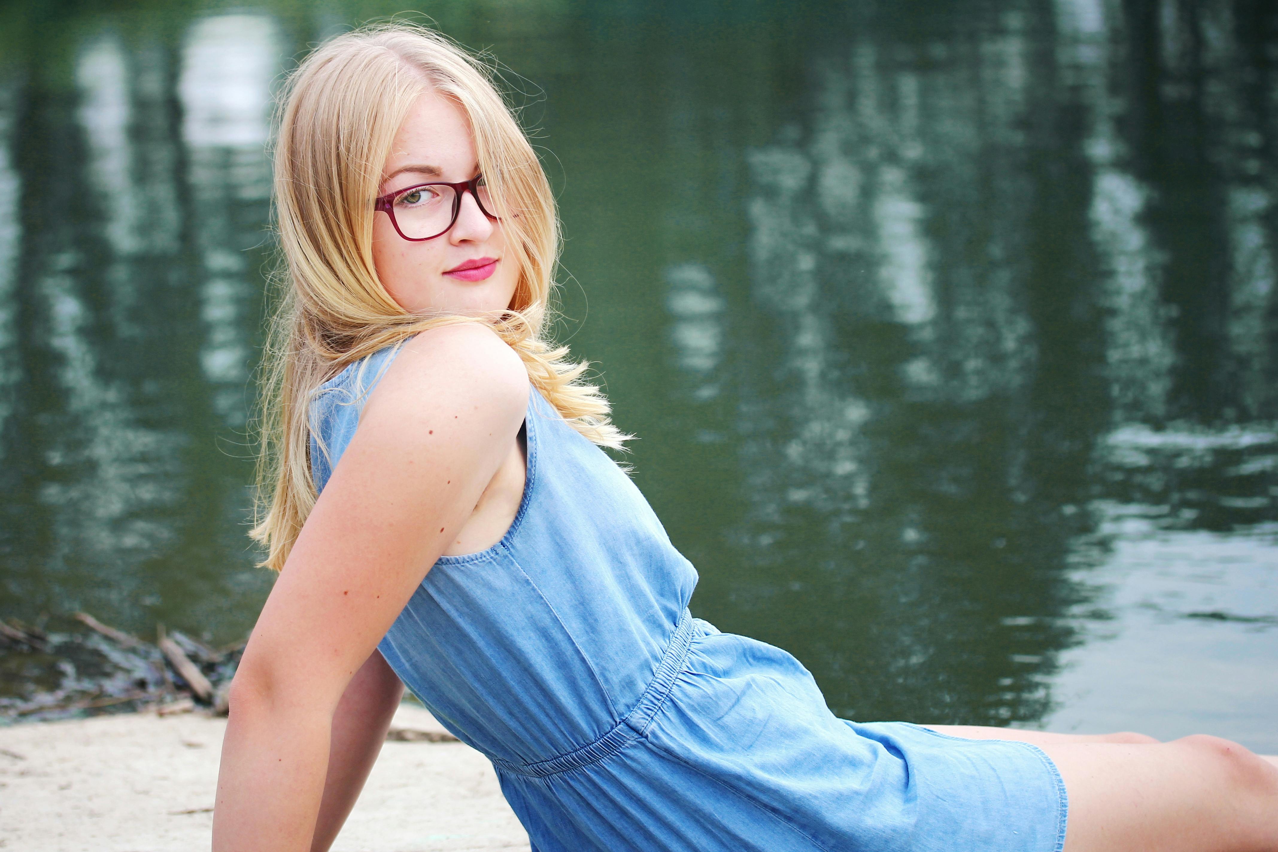 Free stock photo of blonde hair, blue, dress