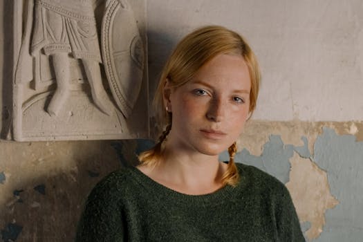 一个红发女人，在室内质朴的纹理墙壁前摆姿势，梳着辫子