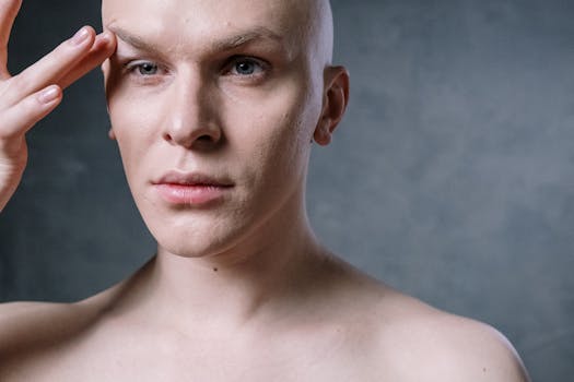 Close-up portrait of a bald individual applying makeup, showcasing natural beauty and skincare.