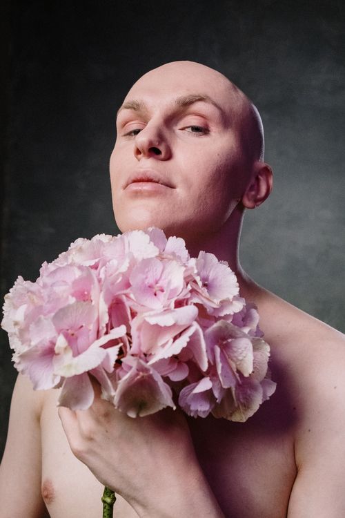 Free Artistic portrait of a bald man holding a pink hydrangea bouquet against a textured background. Stock Photo