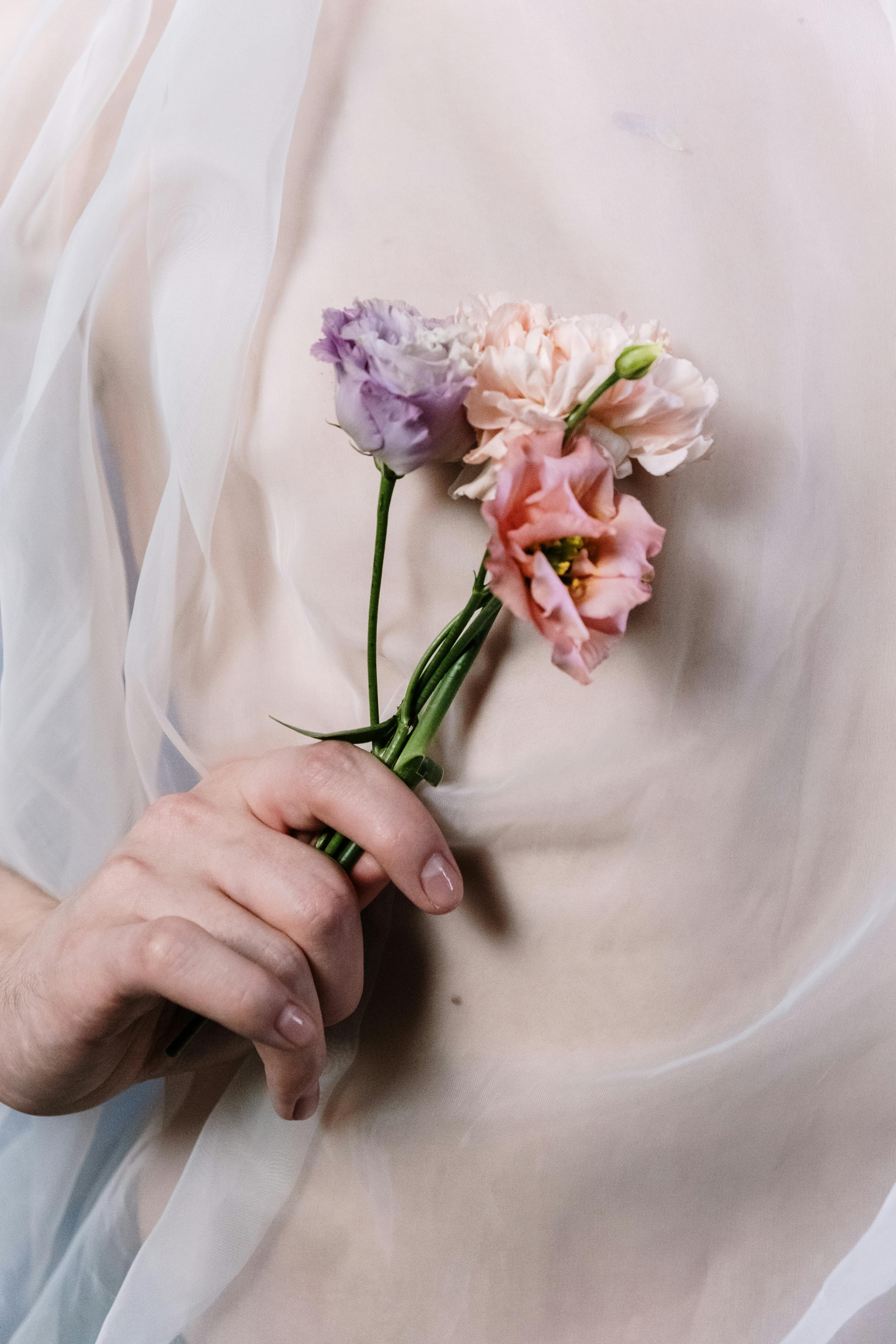 person holding white and pink flower bouquet
