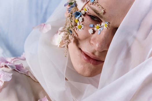 这幅创意男性肖像以花妆和柔软的艺术风格薄纱为特色