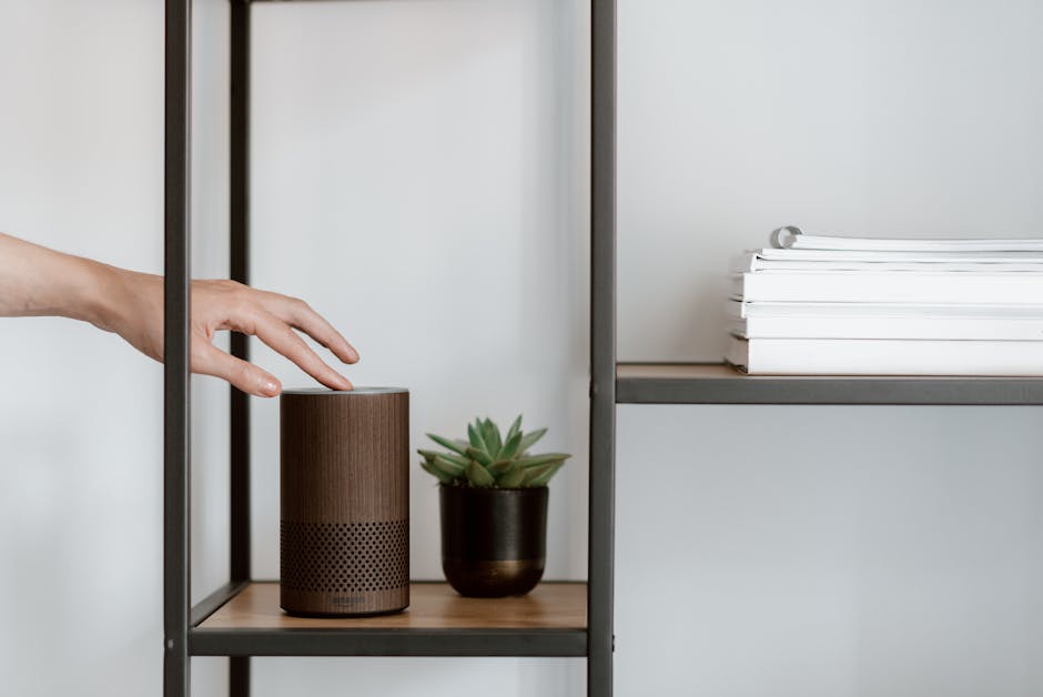 Hand reaching for a smart speaker on a shelf next to a potted plant