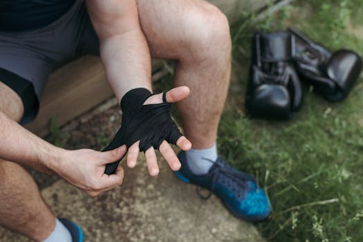 Man preparing for boxing training by wrapping hands outdoors, focusing on hand protection and technique.