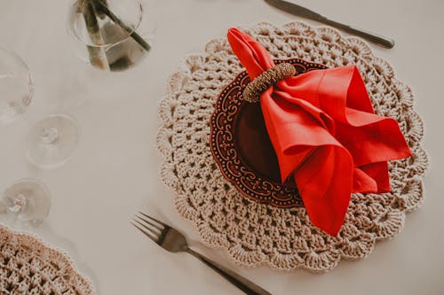 Set of banquet table with red napkin