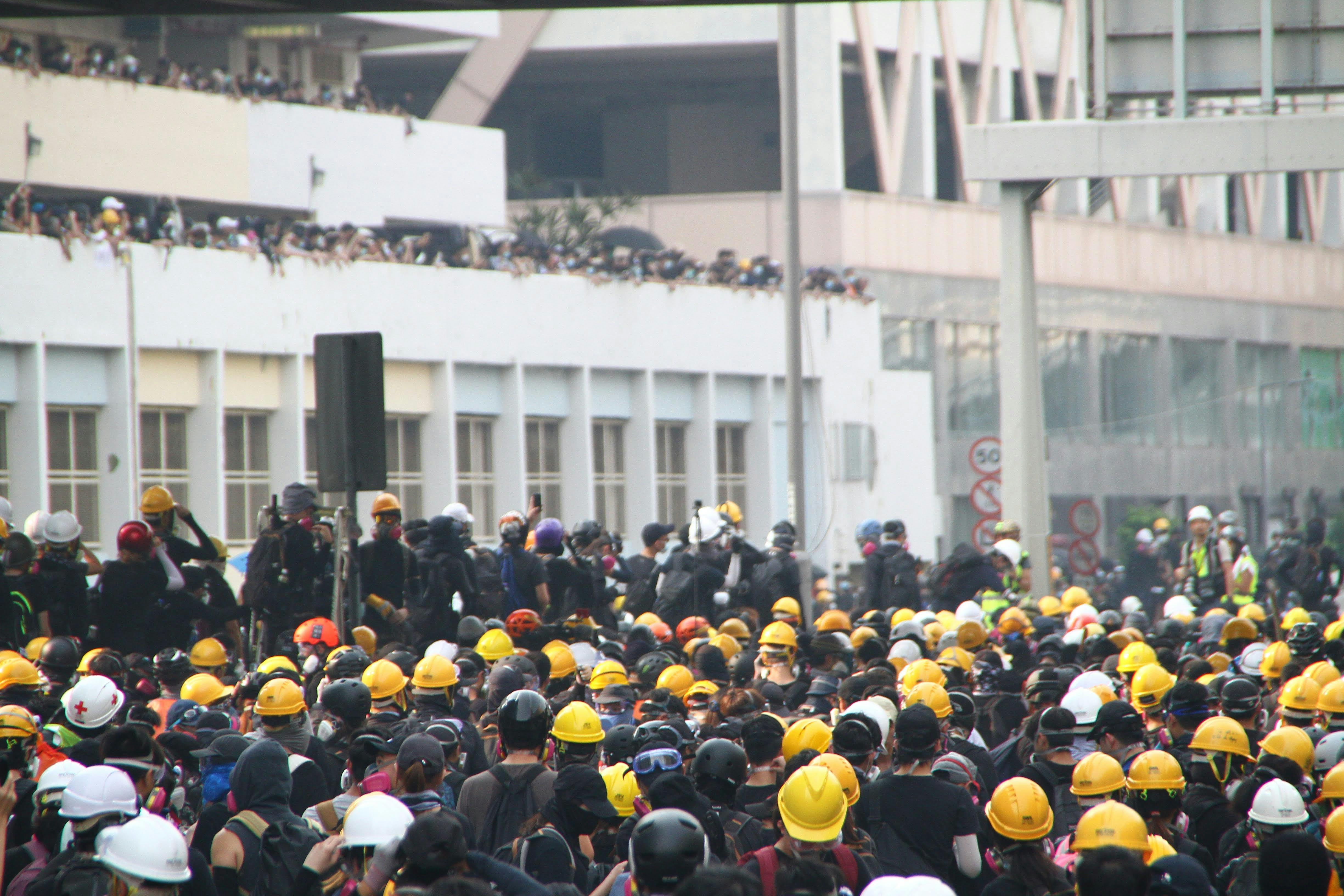 crowd of workers on mass meeting for rights