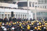 Crowd of workers on mass meeting for rights