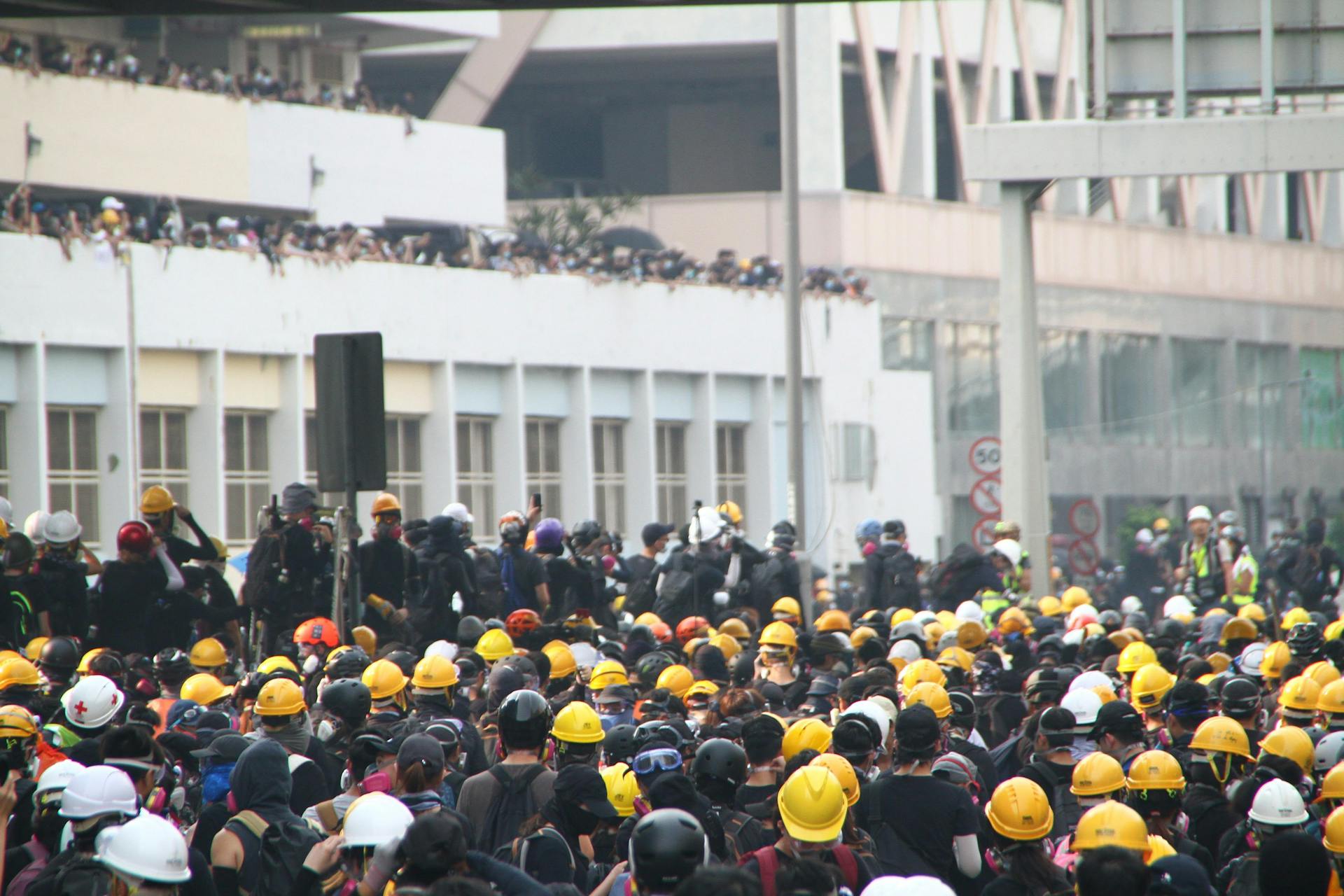 Crowd of workers on mass meeting for rights