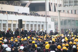 Crowd of workers on mass meeting for rights
