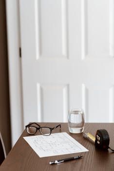 从木制桌子的上方看去，上面放着平面图、笔、眼镜和卷尺，靠近灯光处还有一杯水