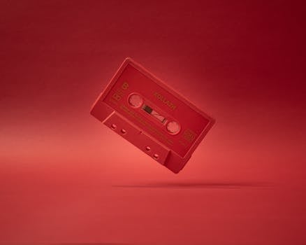 A red vintage cassette tape captivates in a minimalist studio shoot, emphasizing retro aesthetics.