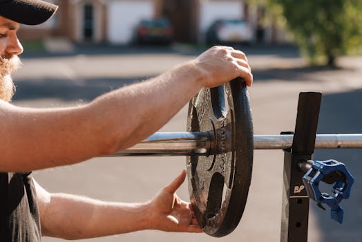 A man places a weight plate on a barbell outdoors, highlighting strength and focus.