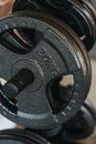 Modern dumbbells with shiny black metal plates
