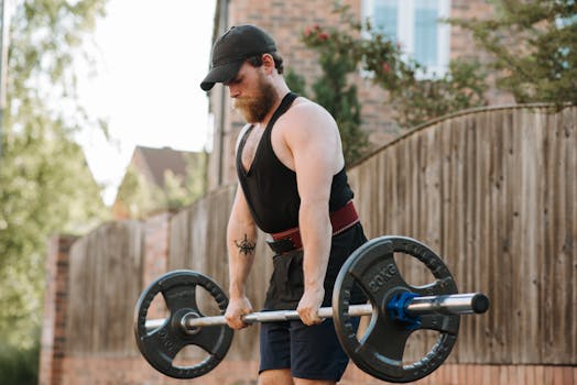 A focused young man lifting weights outdoors using a barbell, demonstrating strength and fitness.