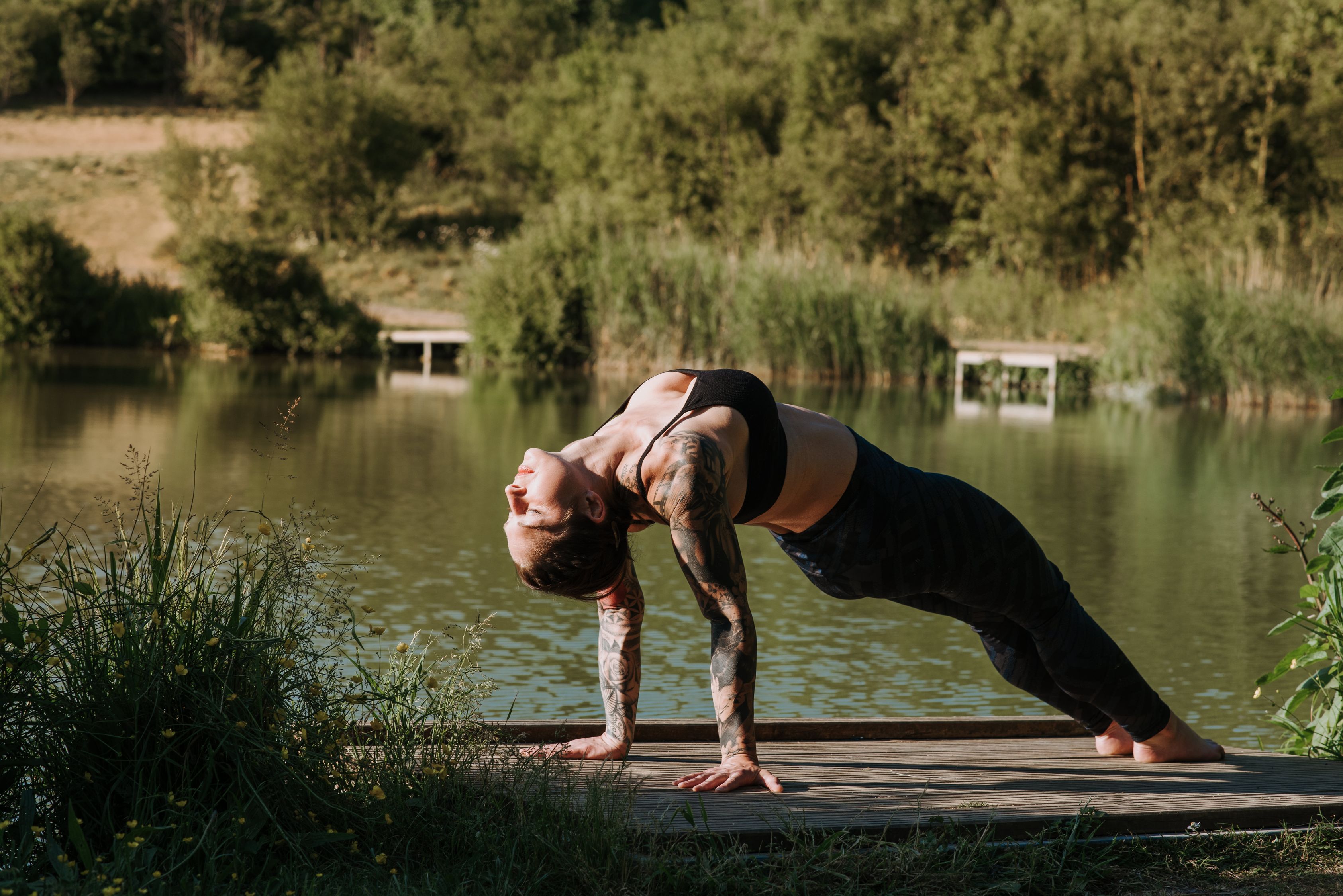Flexible Tattooed Woman Standing In Upward Plank Pose Free Stock Photo flexible-tattooed-woman-standing-in-upward-plank-pose-free-stock-photo
