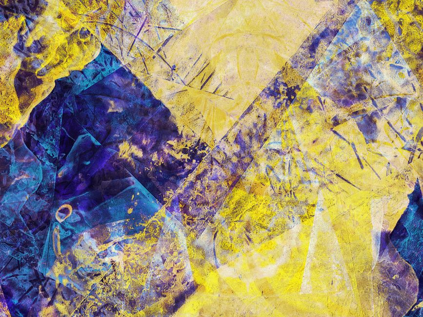Dynamic abstract composition featuring vivid yellow and blue textures.