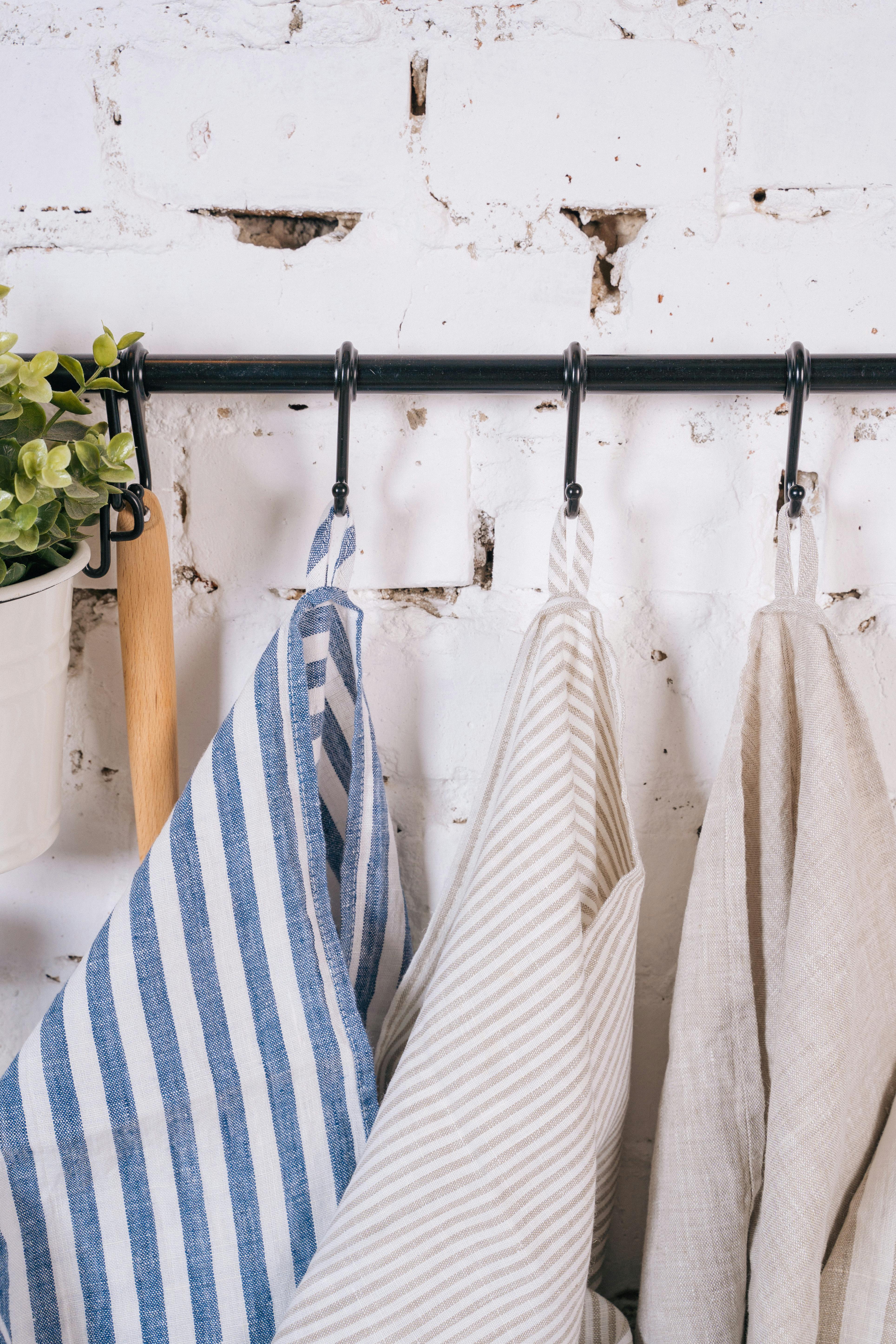 White and Blue Striped Kitchen Towels Hanging on the Wall · Free Stock ...
