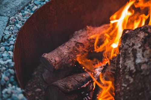 Flaming old dry dark brown tree trunks in round metallic fire bowl decorated with pebbles in daylight