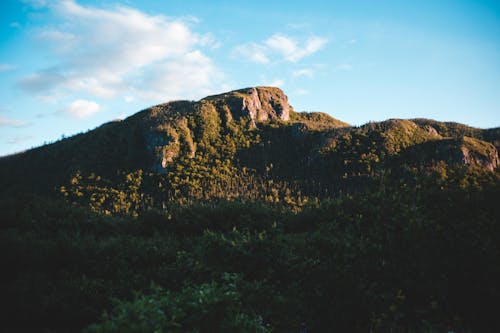 Scenery view of mossy mount with green grass under bright sky with clouds in daylight