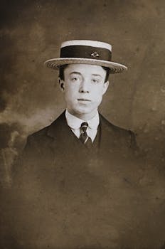 Classic portrait of a young man in formal Edwardian wear with a straw boater hat.