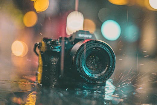 A camera in the rain surrounded by vibrant bokeh lights, capturing a nighttime aesthetic.