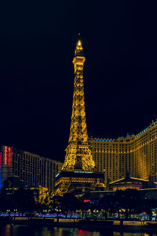 Free Illuminated Eiffel Tower replica at Paris Las Vegas Hotel at night. Stock Photo