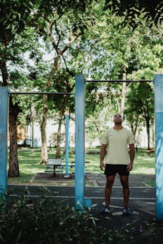 A man stands ready for exercise in an outdoor park with a pull-up bar on a sunny day.
