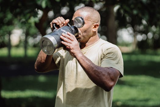An adult man drinking from a large tumbler outdoors in a green park setting.