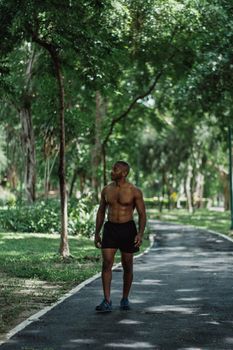 Shirtless man enjoying a walk in a vibrant green park setting, promoting fitness and health.