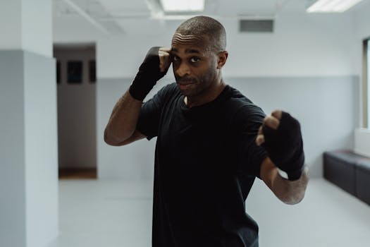 A determined boxer practicing his punches in a well-lit gym.