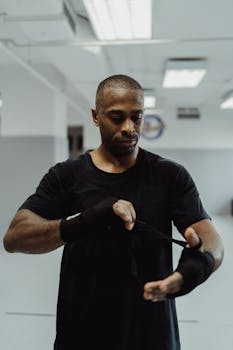 Bald man in black shirt wrapping hands with wrist bandages in an indoor gym.