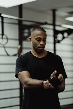 Determined boxer carefully wrapping hands with bandages in a boxing gym.