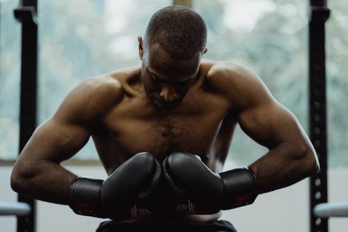 Free Determined boxer in gloves focusing on training. Strong and concentrated. Stock Photo