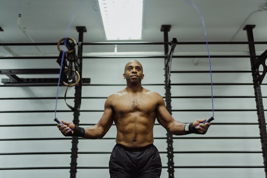 Fit man jumping rope shirtless in a gym setting, showcasing fitness and strength.