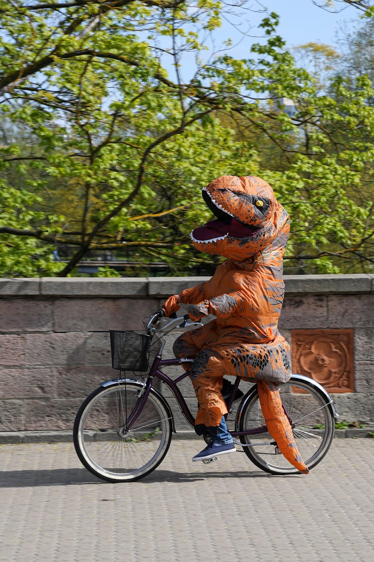 Unrecognizable Person In Dinosaur Costume Riding Bicycle