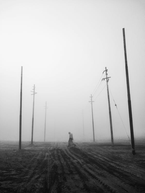 Scary Person Walking Through a Field with Utility Poles in Fog